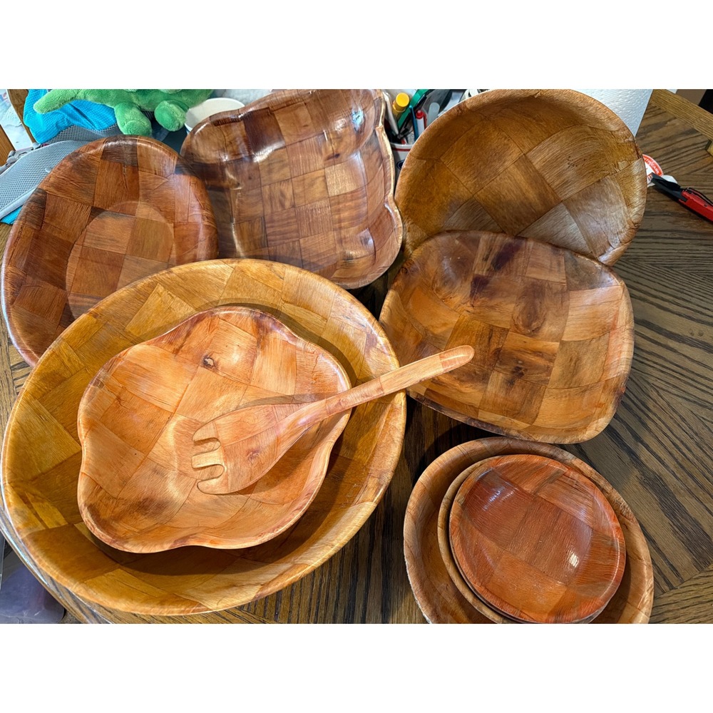 Vintage Woven Wood Salad Bowl Set MCM Serving Bowls & Fork 9 Piece Parquet Brown